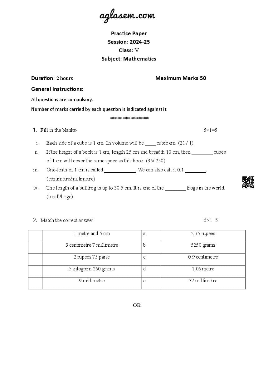 Class 5 Maths Sample Paper 2025 PDF - Latest Practice Model Question ...
