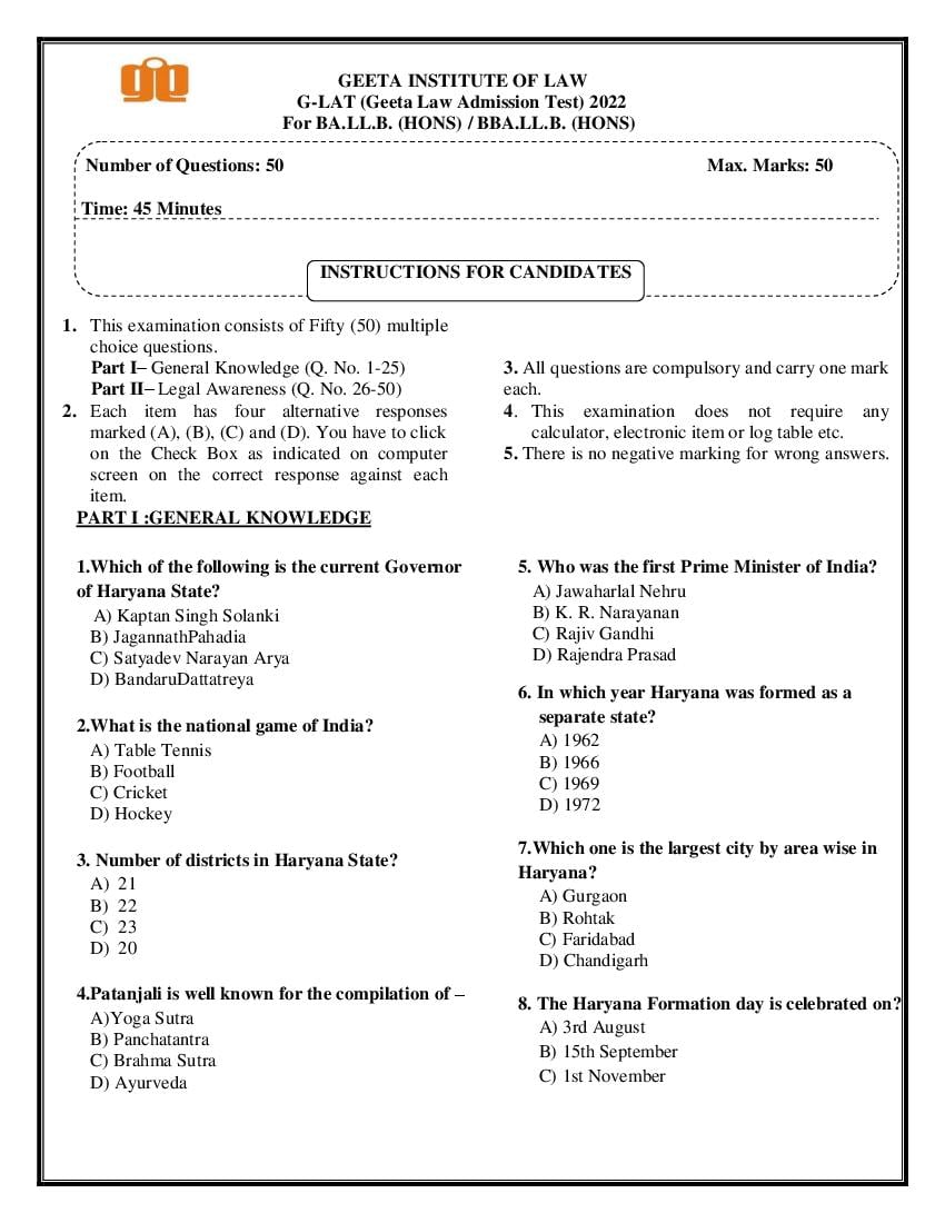 GLAT 2022 Question Paper - Page 1