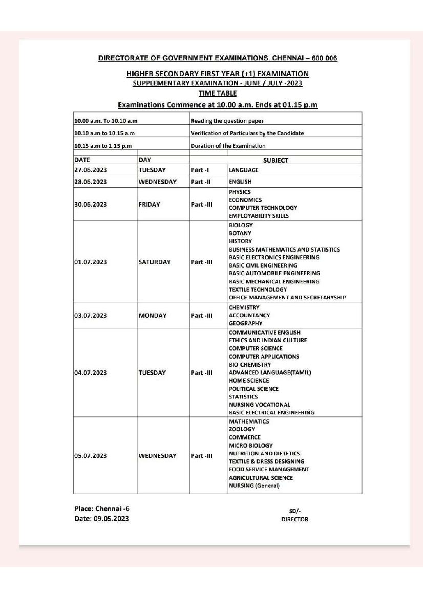 TN 11th Supplementary Time Table 2023 - Page 1