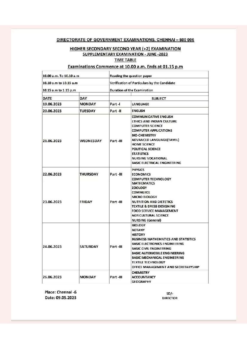 TN 12th Supplementary Time Table 2023 - Page 1