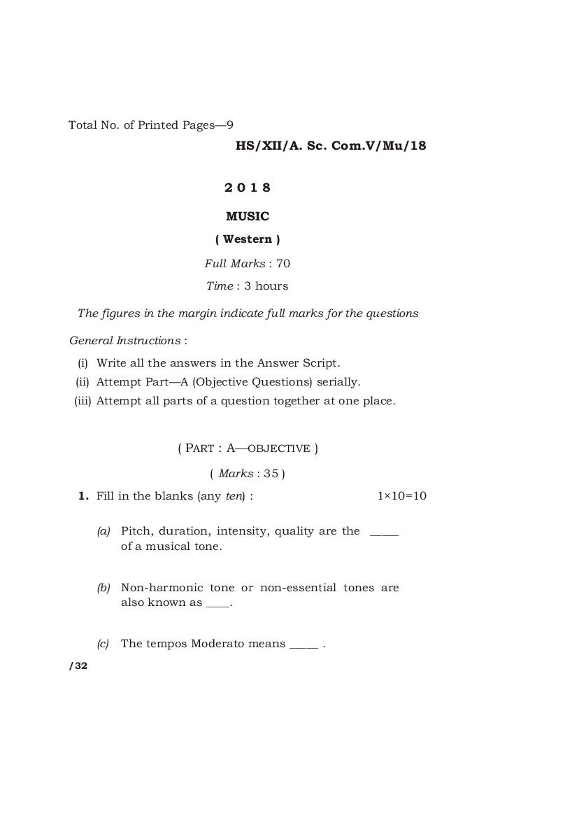 MBOSE Class 12 Question Paper 2018 for Music - Page 1
