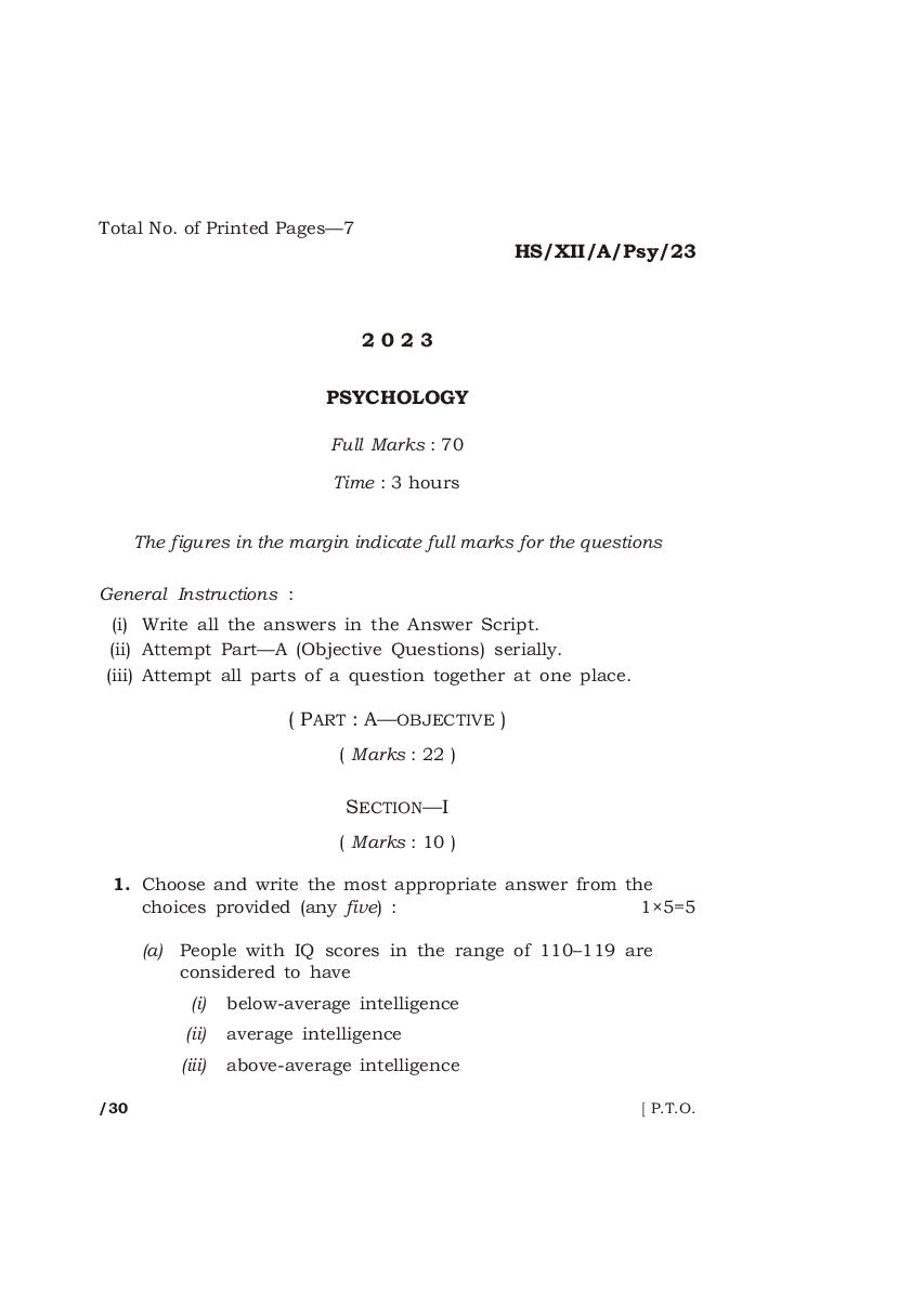 MBOSE Class 12 Question Paper 2023 for Psychology - Page 1