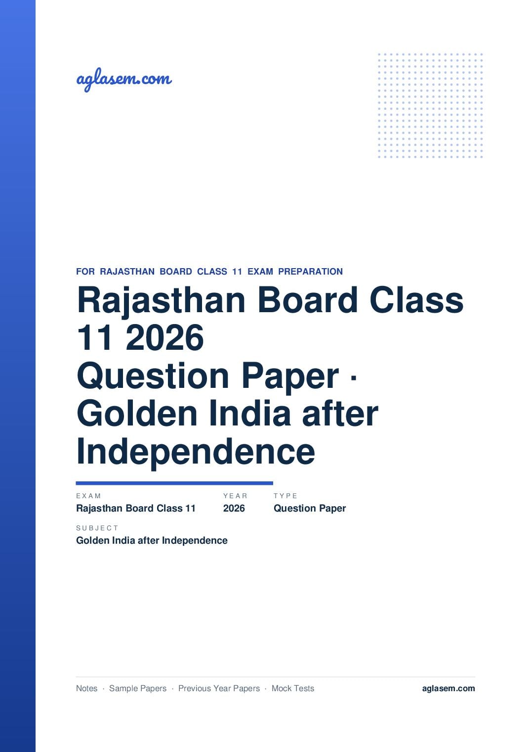 Rajasthan Board Class 11 Question Paper 2026 Golden India after Independence - Page 1 of 5