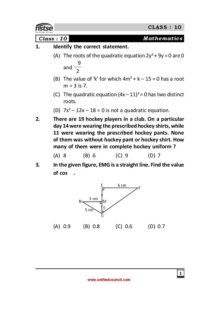 NSTSE Sample Paper Class 10 - Page 1