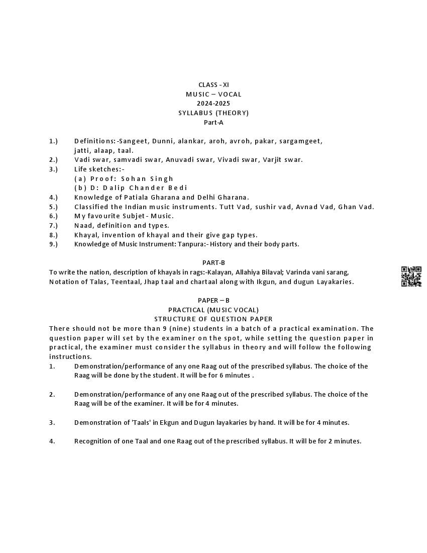 PSEB Class 11 Music Syllabus (PDF)