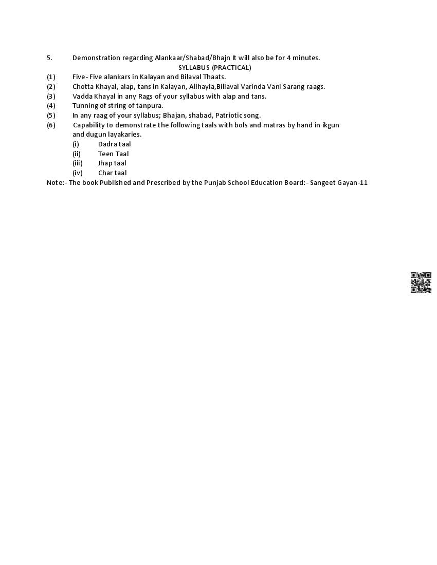 PSEB Class 11 Music Syllabus (PDF)