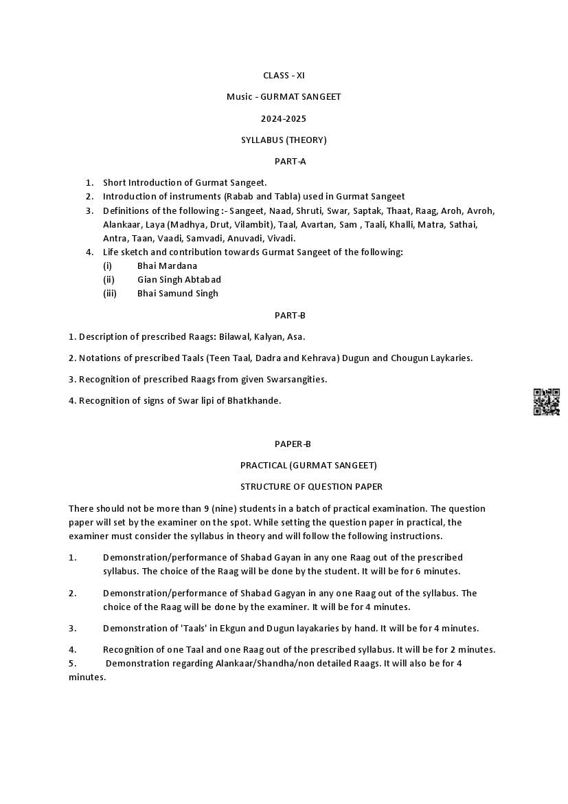 PSEB Class 11 Music Syllabus (PDF)