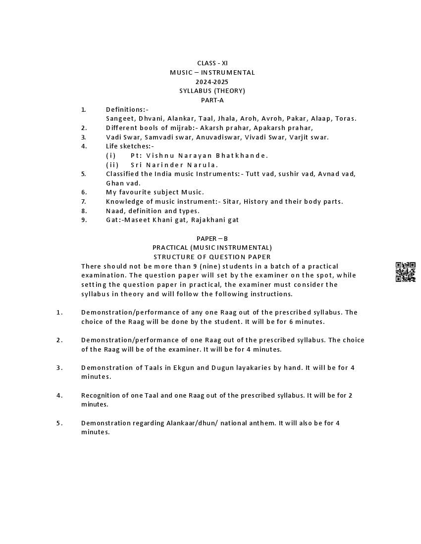 PSEB Class 11 Music Syllabus (PDF)