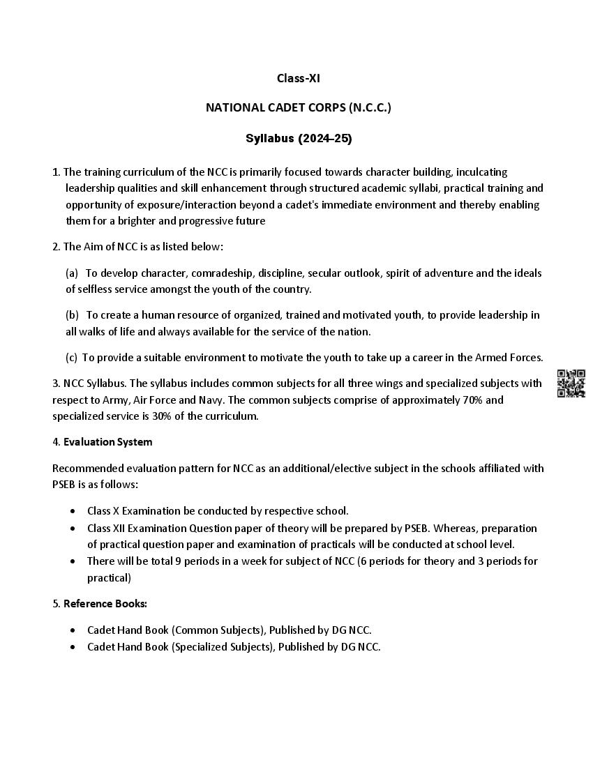 PSEB Class 11 NCC Syllabus (PDF)