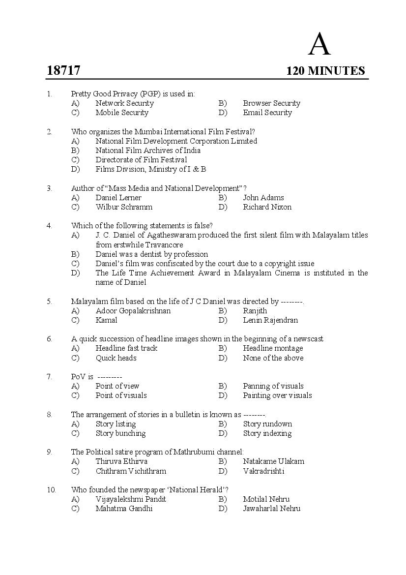 Kerala SET 2018 Jul Question Paper Journalism - Page 1 of 12