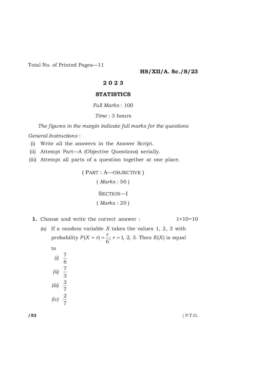 MBOSE Class 12 Question Paper 2023 for Statistics - Page 1