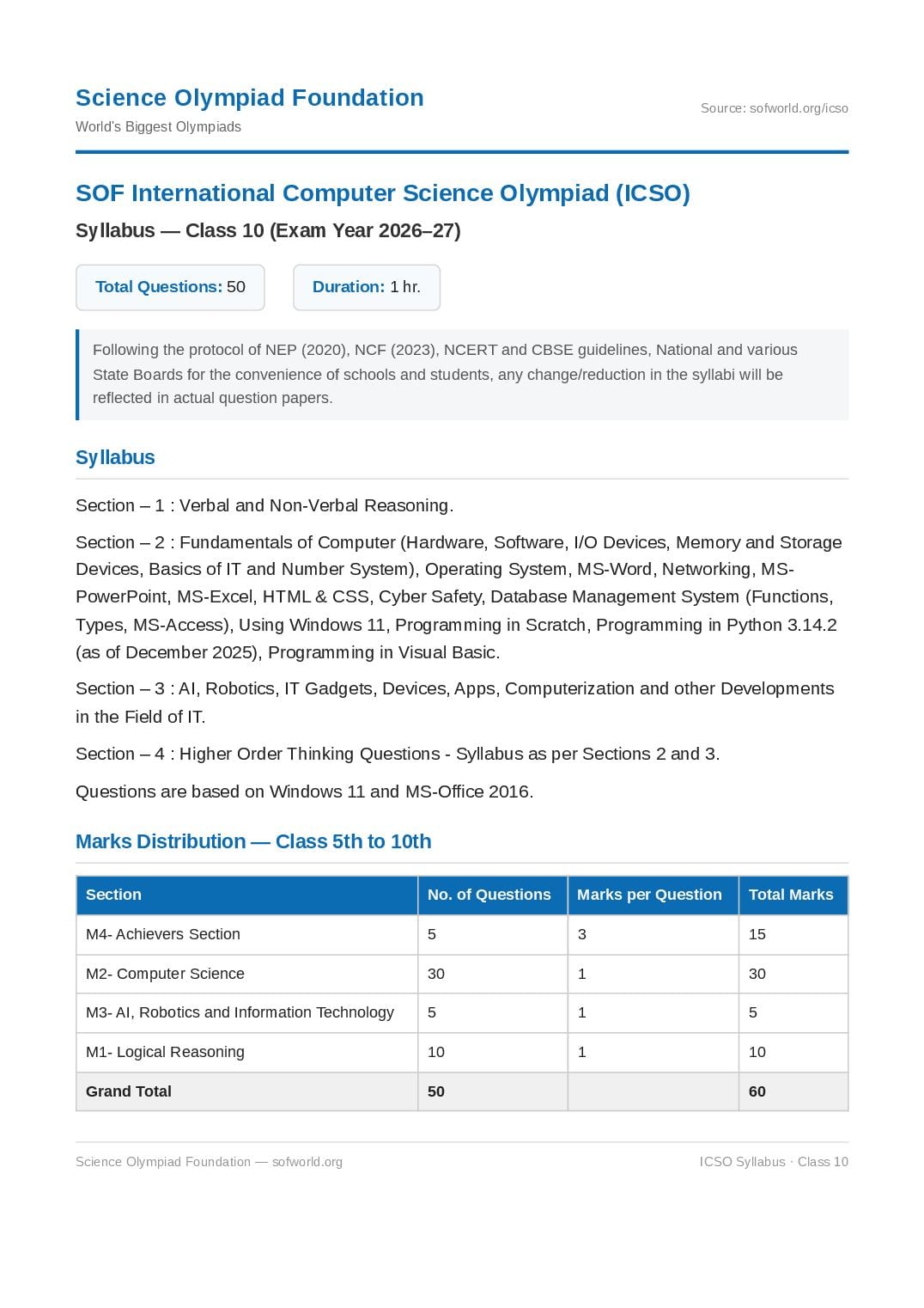 SOF ICSO Syllabus 2027 Class 10 - Page 1 of 1