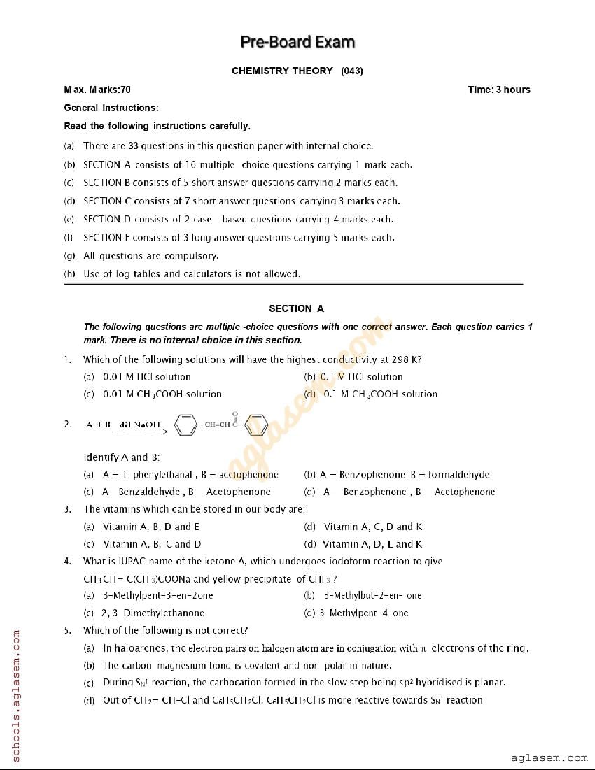 UP Board Class 12 Pre-Board Question Paper 2024 Chemistry - Page 1