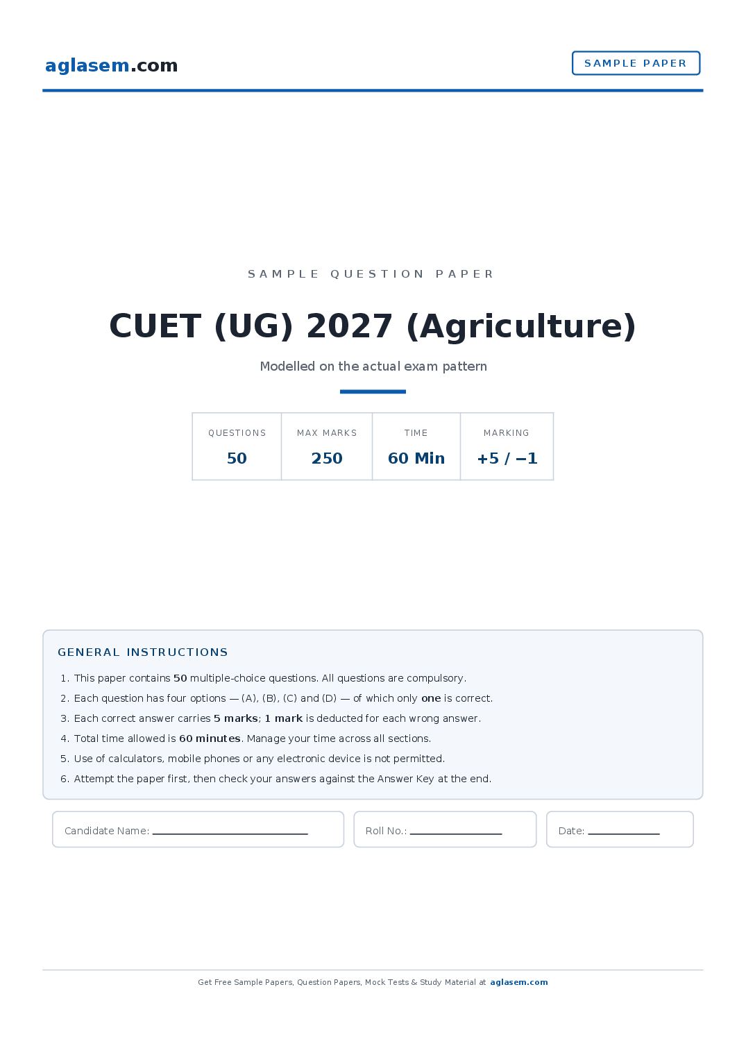 CUET (UG) 2027 Sample Paper (Agriculture) - Page 1 of 14