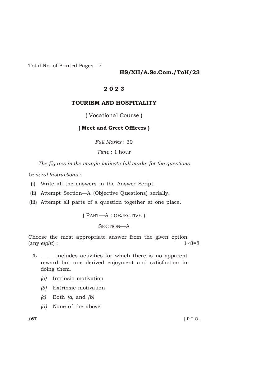 MBOSE Class 12 Question Paper 2023 for Tourism And Hospitality - Page 1