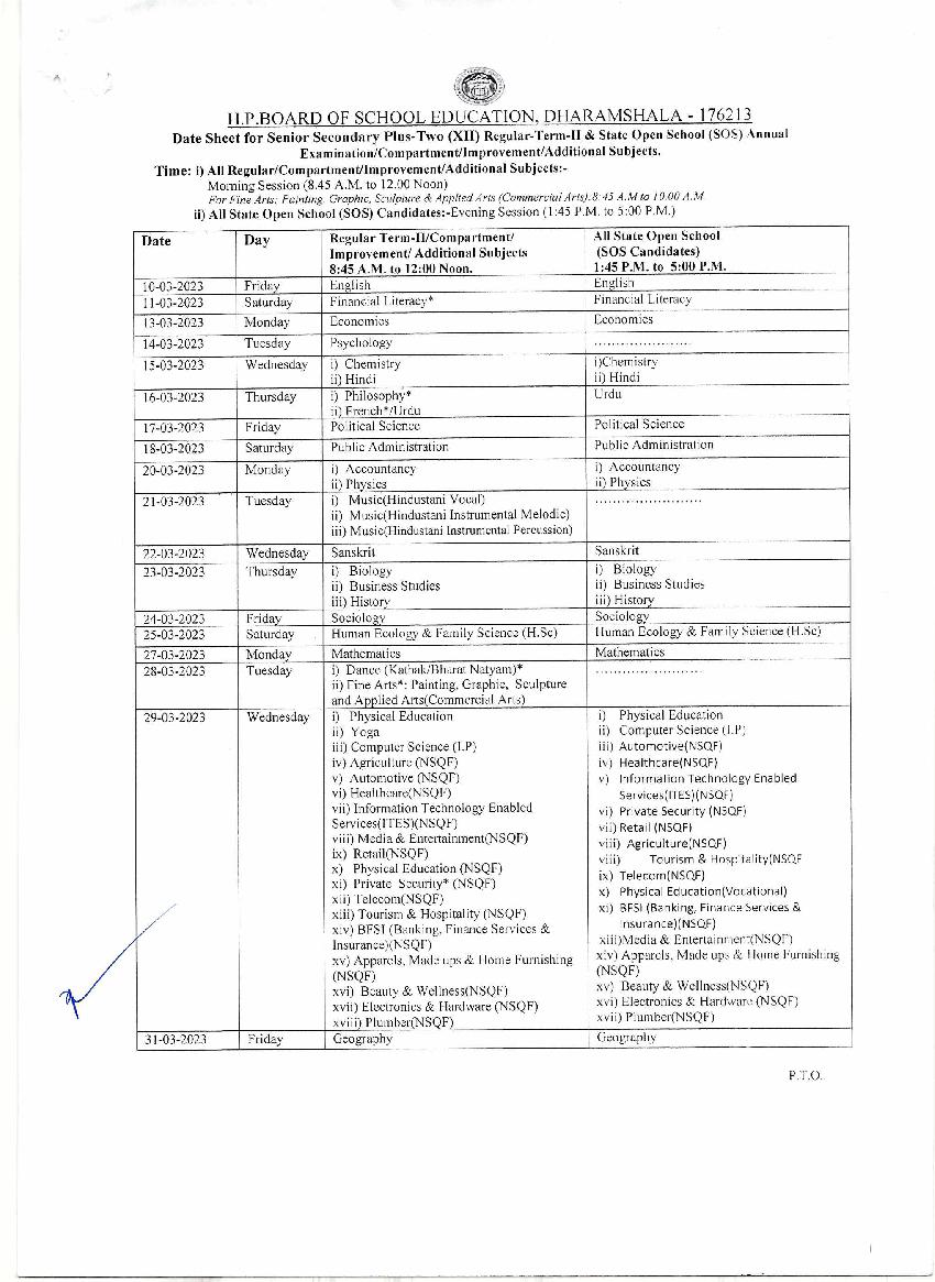 HPBOSE SOS 12th Date Sheet 2023 (Updated) - Page 1