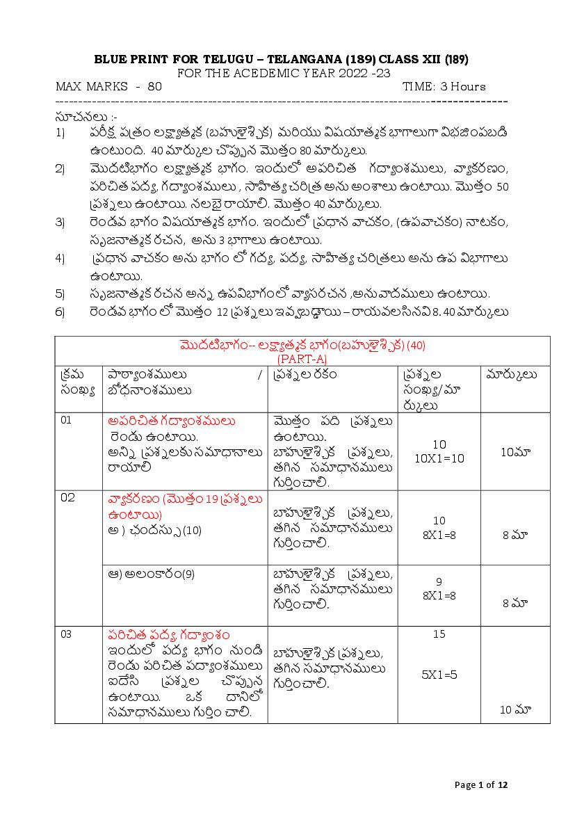 CBSE Class 12 Sample Paper 2023 Telugu Telangana - Page 1
