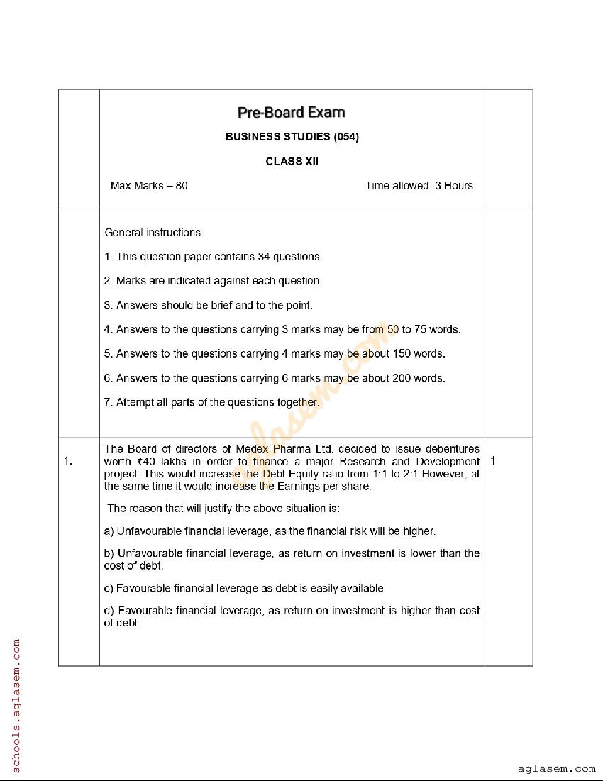 UP Board Class 12 Pre-Board Question Paper 2024 Business Studies - Page 1