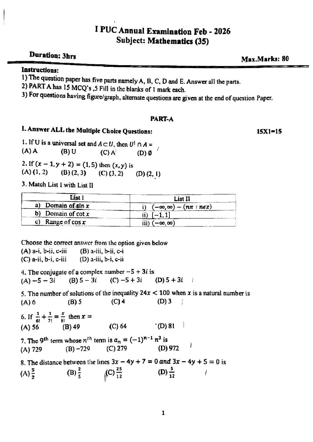 Karnataka 1st PUC Question Paper 2026 Mathematics - Page 1 of 4