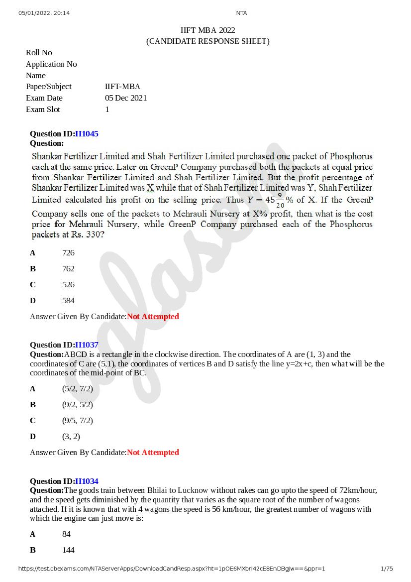 IIFT Response Sheet 2022 - Page 1