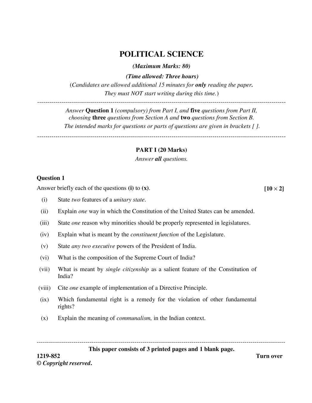 ISC Class 12 Question Paper 2019 for Political Science  - Page 1