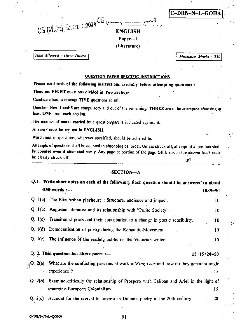 UPSC IAS 2014 Question Paper for English Paper I - Page 1