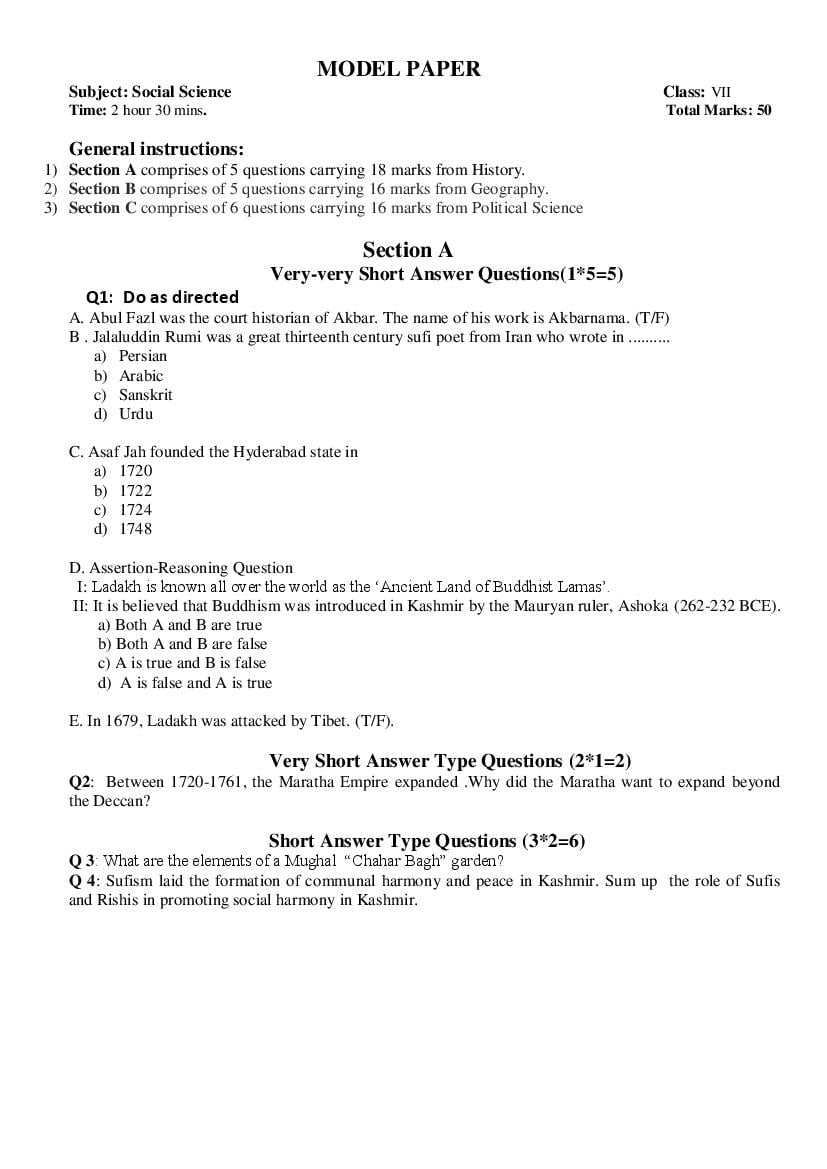 JKBOSE 7th Class Model Paper 2024 Social Science - Page 1