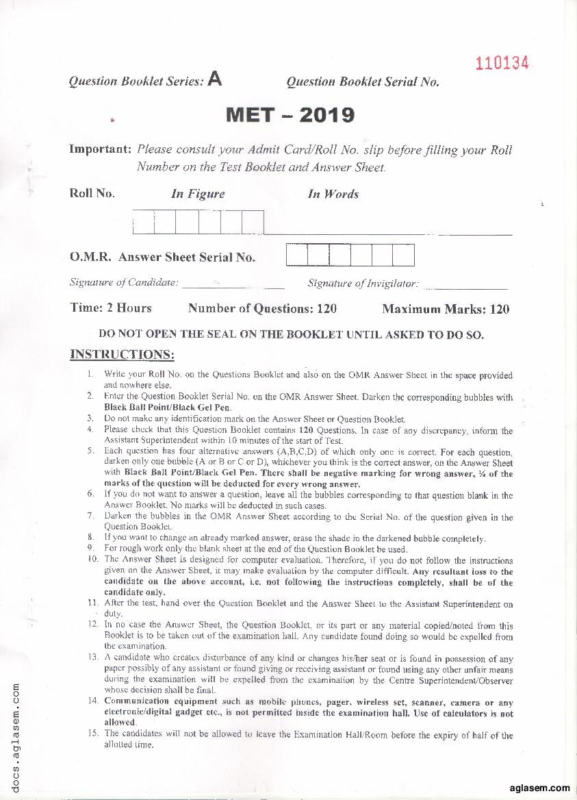 PU MET 2019 Question Paper - Page 1