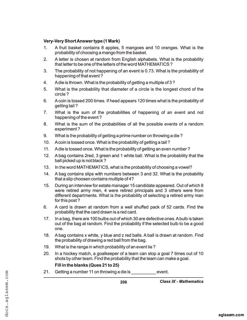 Class 9 Maths Extra Questions Chapter 15 Probability - Page 1