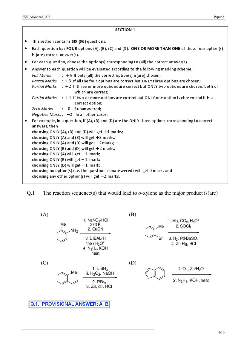 JEE Advanced 2021 Provisional Answer Key Paper 2 Chemistry - Page 1