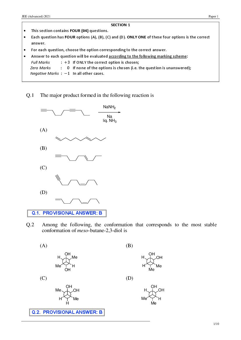 JEE Advanced 2021 Provisional Answer Key Paper 1 Chemistry - Page 1