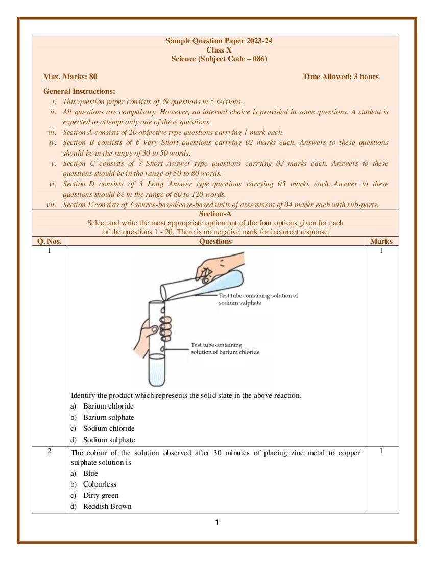 CBSE Class 10 Science Sample Paper 2024 (PDF with Solutions) Download