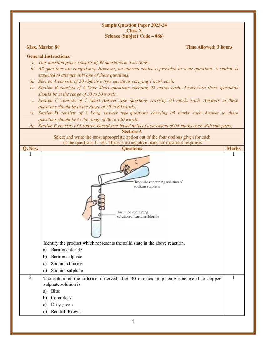 CBSE Class 10 Science Sample Paper 2024 PDF - NCERT Expert