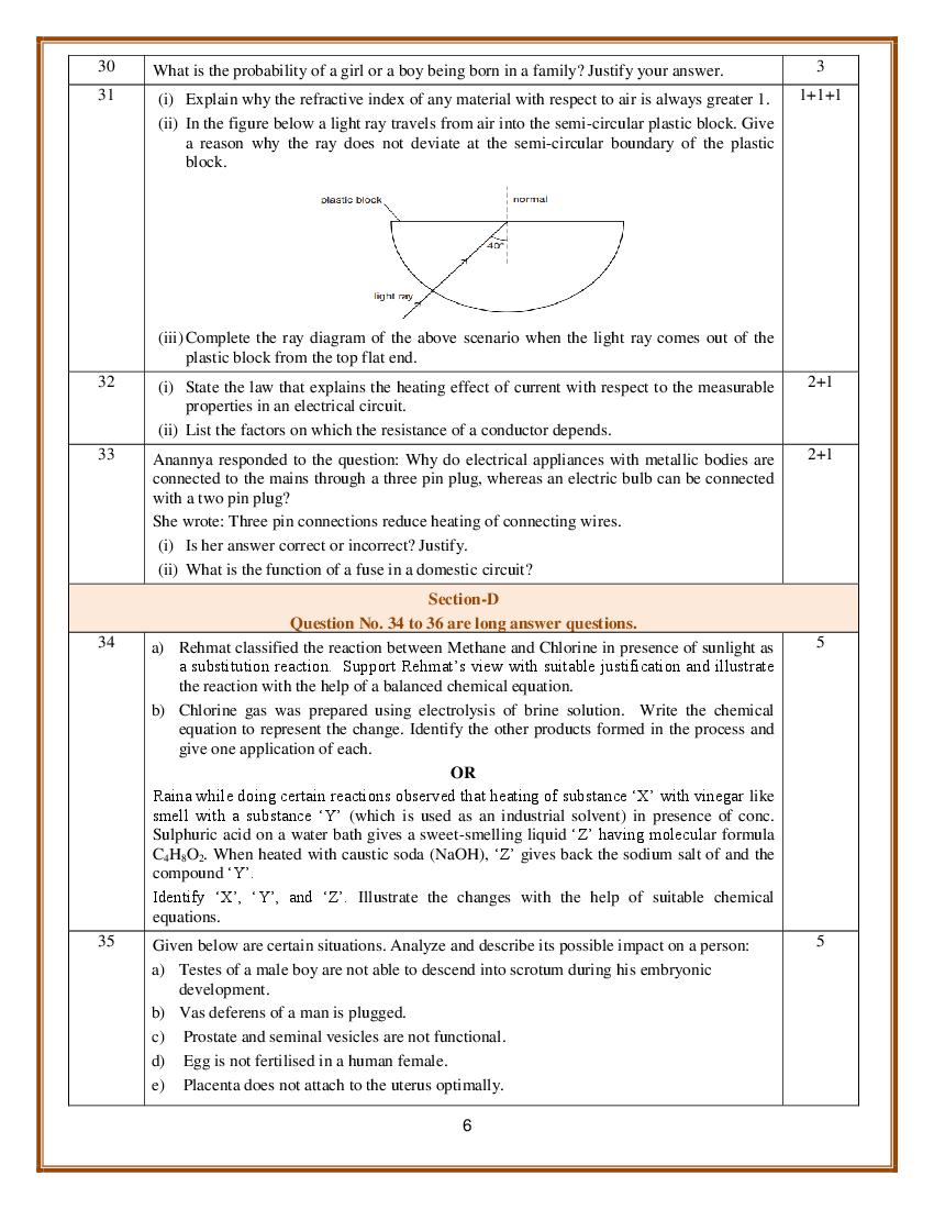 CBSE Class 10 Science Sample Paper 2024 PDF 