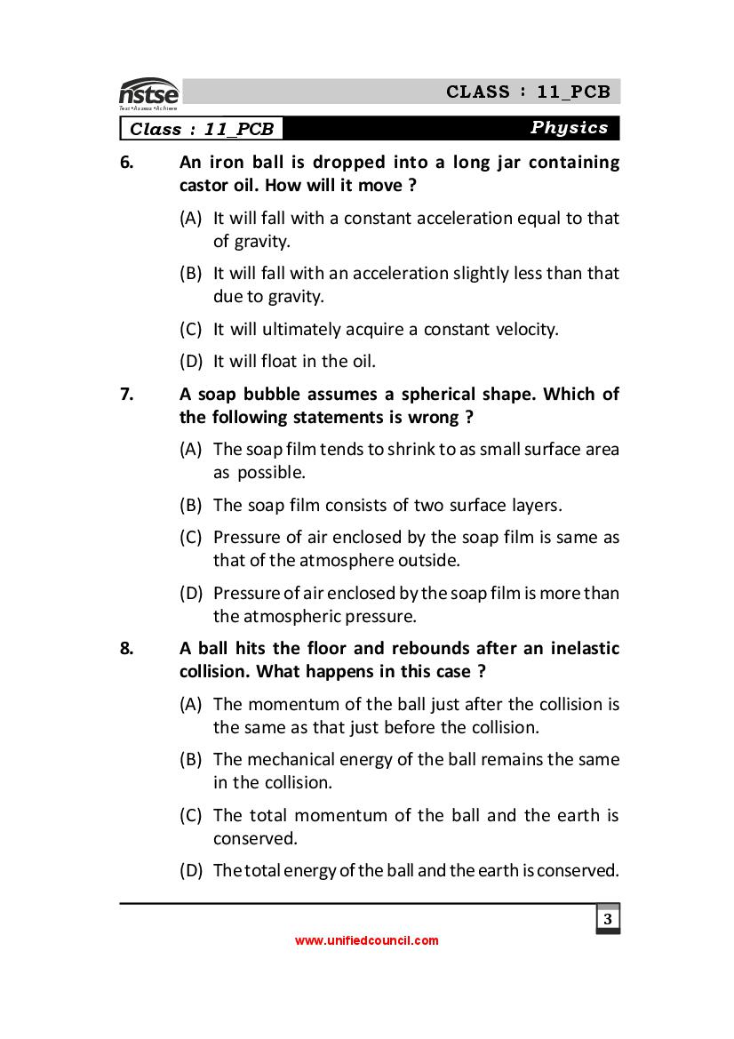NSTSE Sample Papers for Class 11 – Unified Council Sample Questions PDF