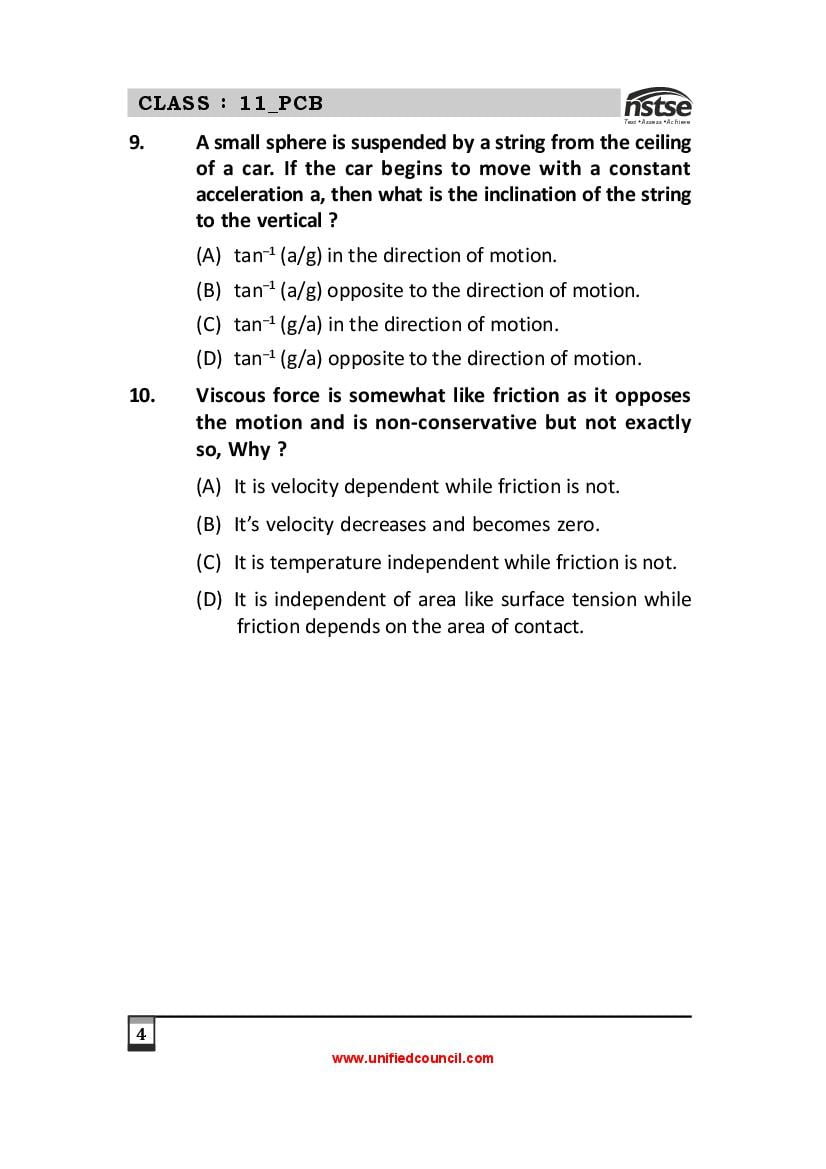 NSTSE Sample Papers for Class 11 – Unified Council Sample Questions PDF