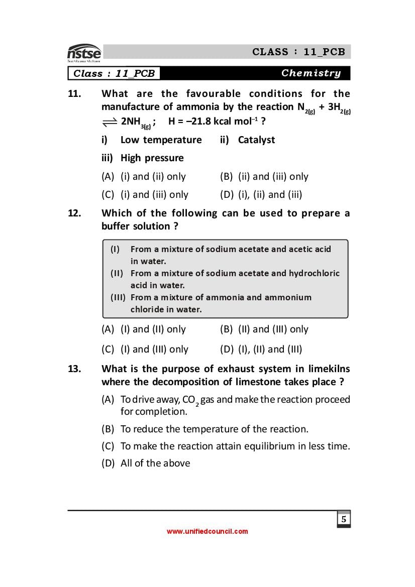 NSTSE Sample Papers for Class 11 – Unified Council Sample Questions PDF