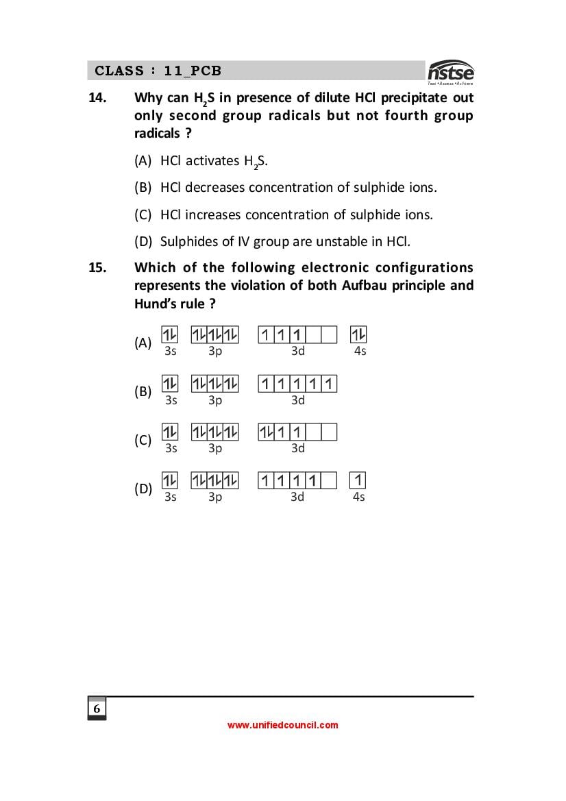 NSTSE Sample Papers for Class 11 – Unified Council Sample Questions PDF