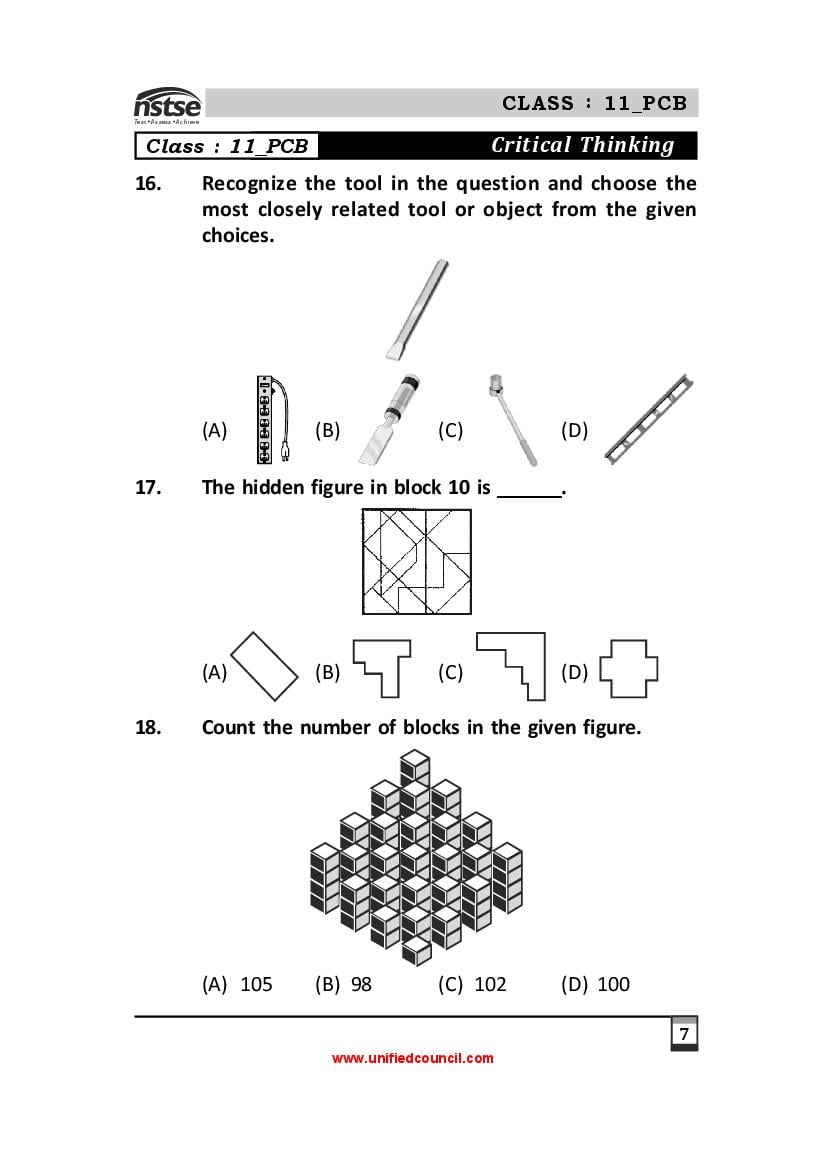 NSTSE Sample Papers for Class 11 – Unified Council Sample Questions PDF