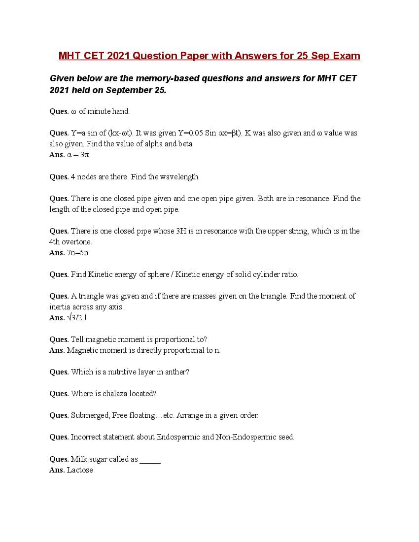 MHT CET 2021 Question Paper with Answers for 25 Sep Exam - Page 1