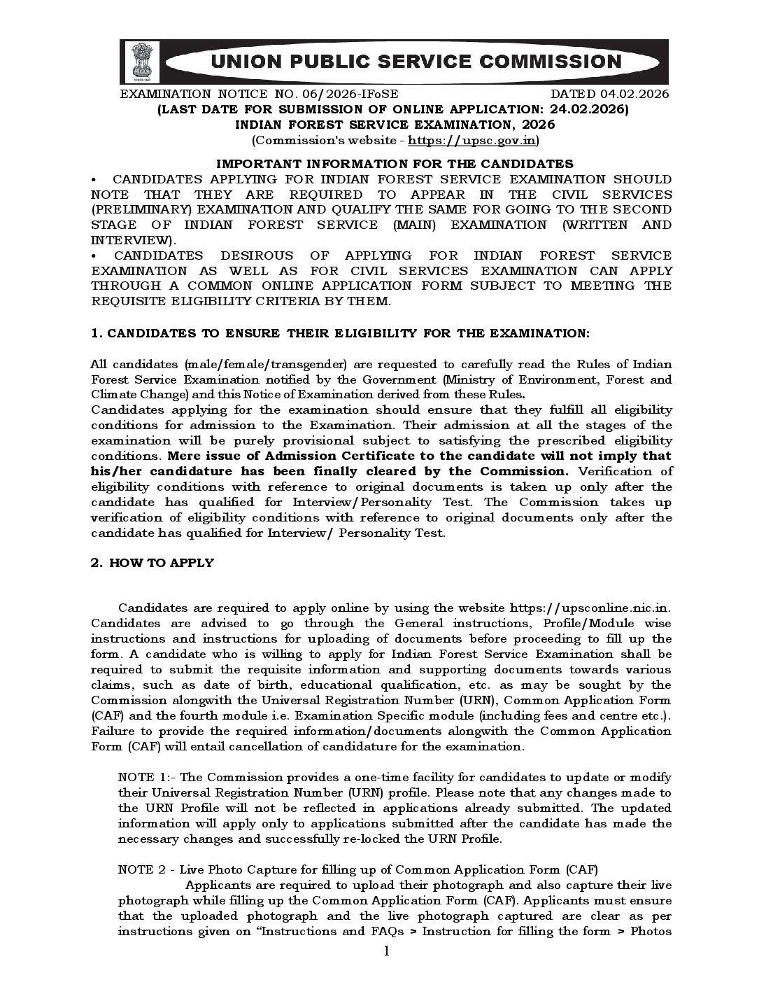 UPSC IFS Prelims 2026 Notification - Page 1 of 56