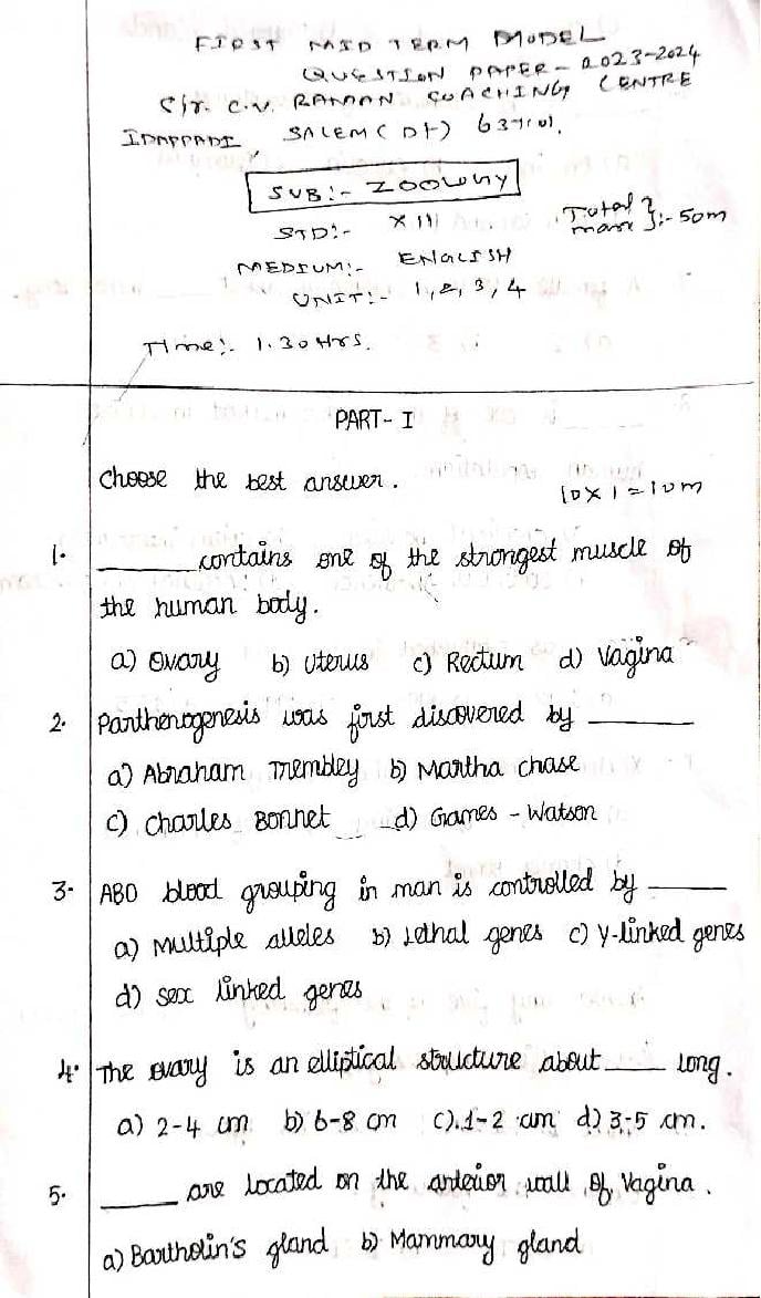 TN Class 12 First Mid Term Question Paper 2023 Zoology - Page 1