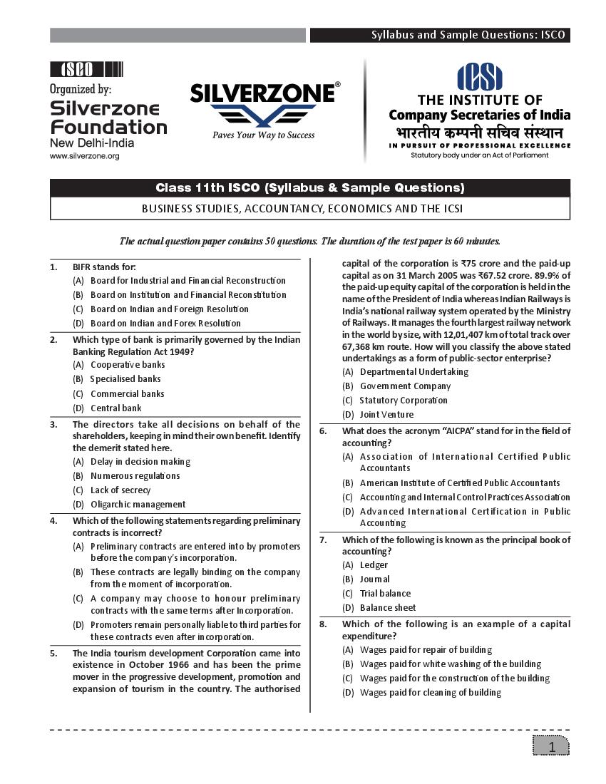 SilverZone ISCO Sample Paper Class 11 - Page 1 of 2