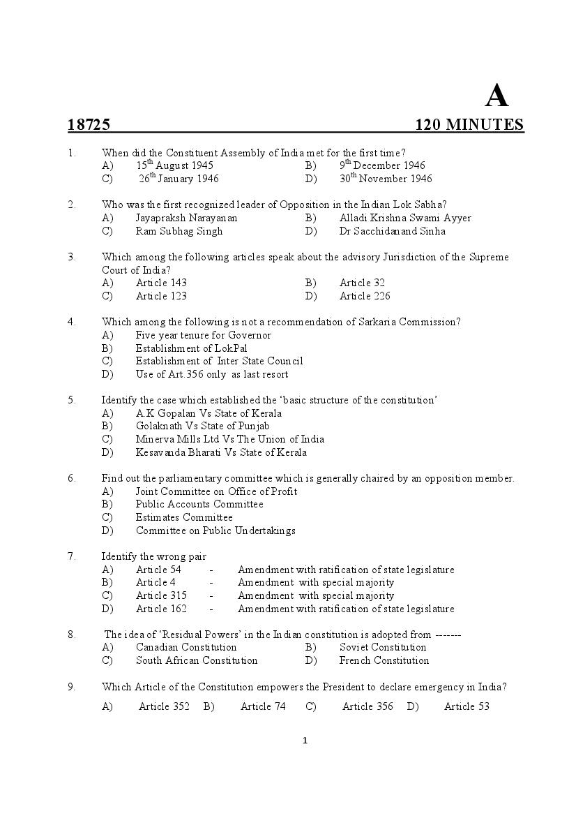 Kerala SET 2018 Jul Question Paper Political Science - Page 1 of 12