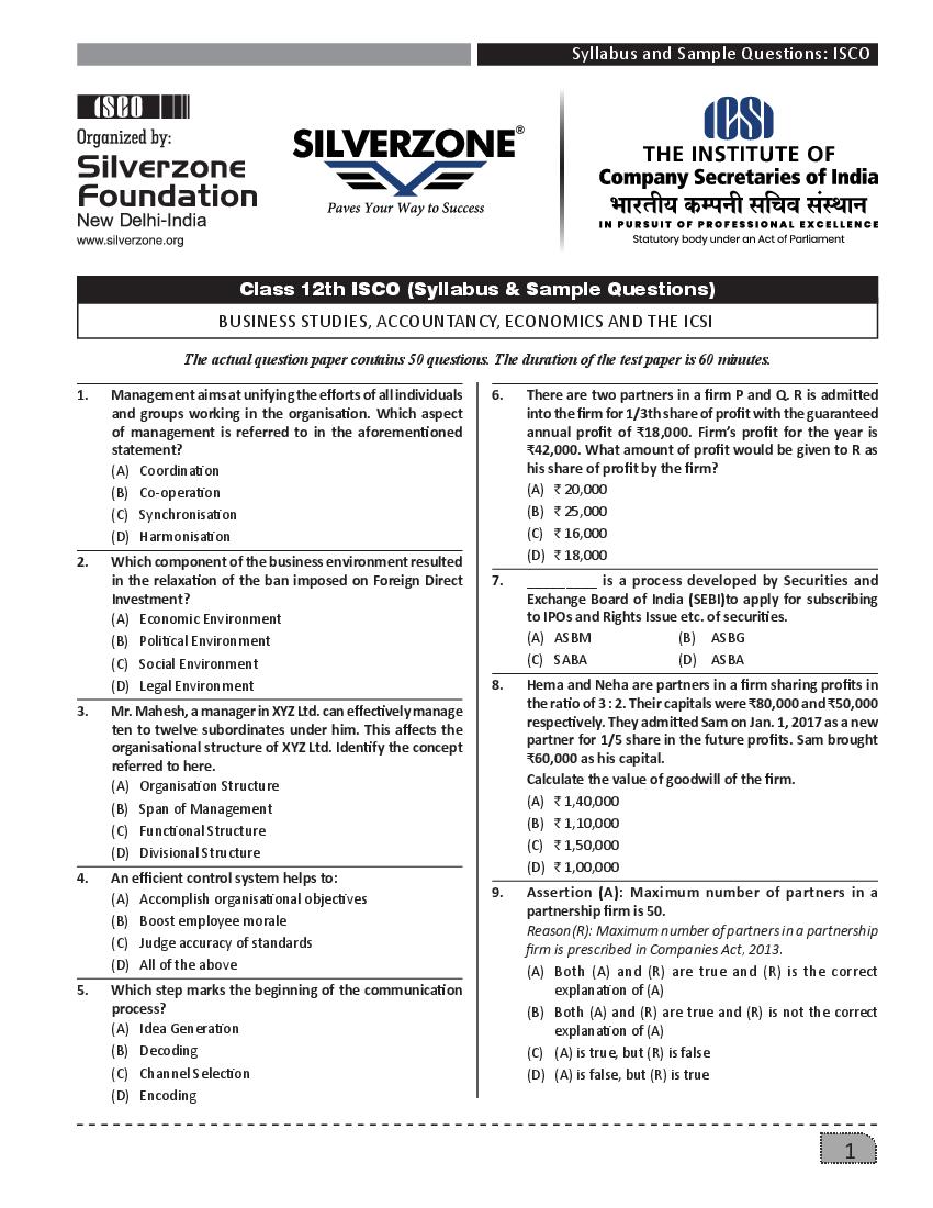 SilverZone ISCO Sample Paper Class 12 - Page 1 of 2