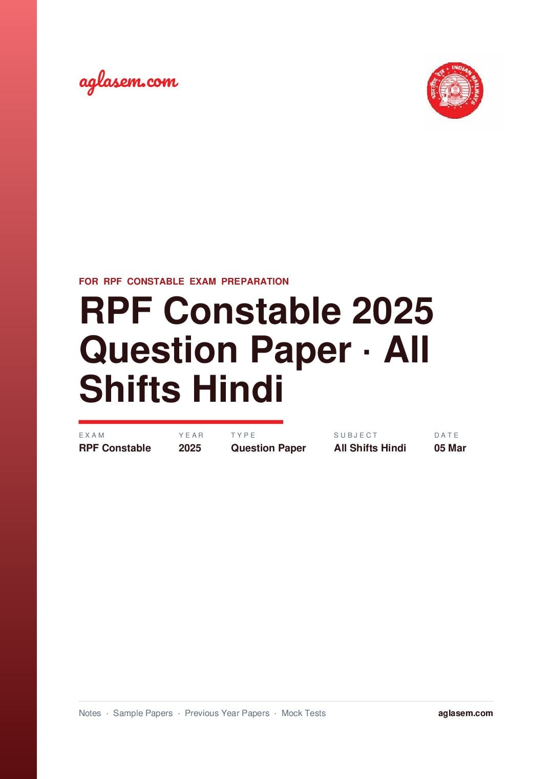 RPF Constable 2025 Question Paper 05 Mar All Shifts (in Hindi) - Page 1 of 63