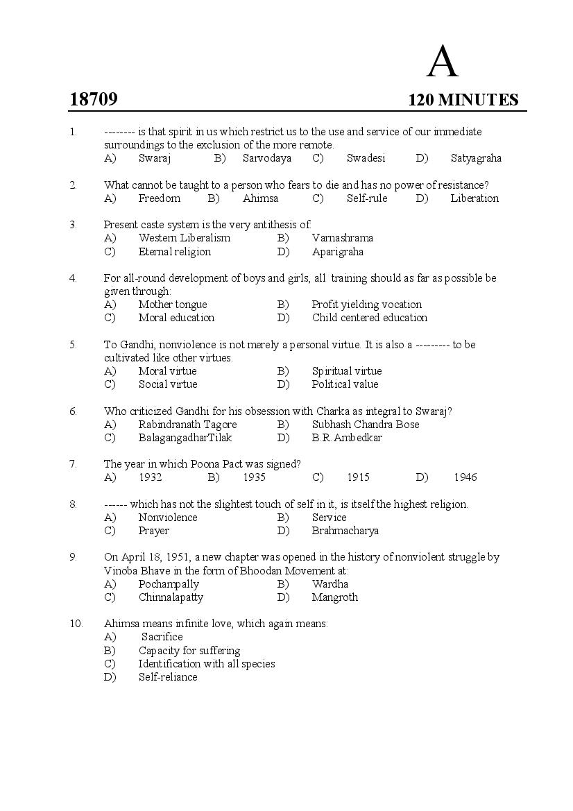 Kerala SET 2018 Jul Question Paper Gandhian Studies - Page 1 of 12
