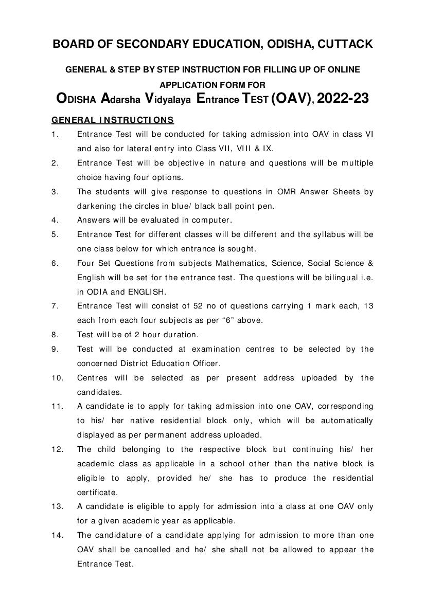 OAVS Admission 2022 Guideline Notice - Page 1