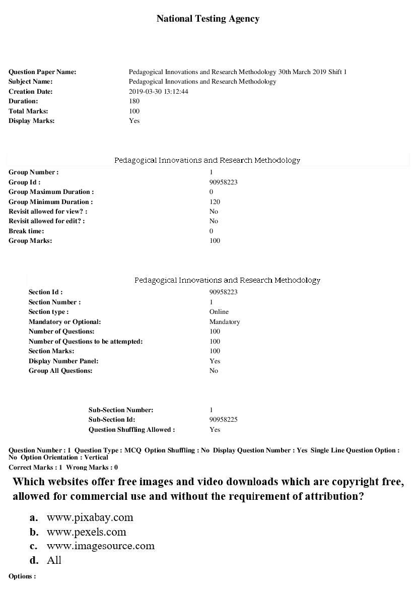 ARPIT 2019 Question Paper for Pedagogical Innovations and Research Methodology Shift 1 - Page 1 of 36