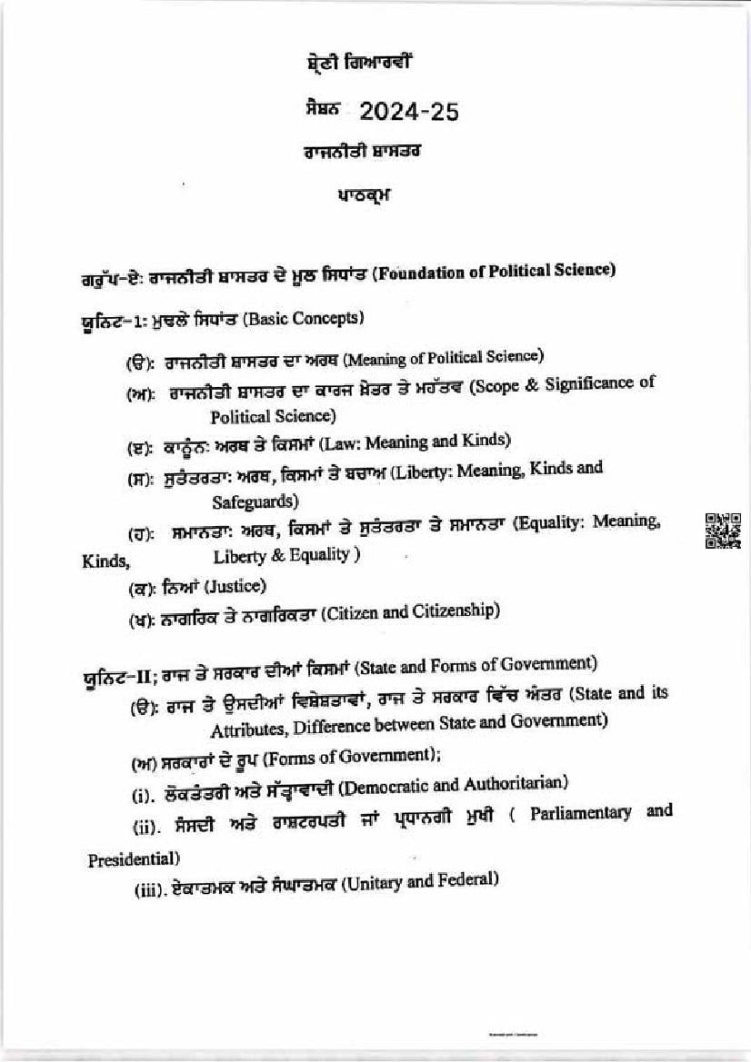 PSEB Class 11 Political Science Syllabus (PDF)